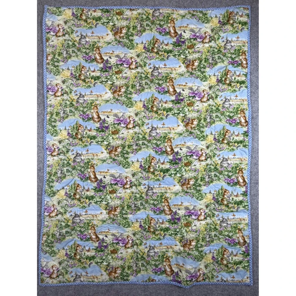 Handmade Quilt Baby Blanket Kids OS Blue Green Excellent Woodland Bunny Floral